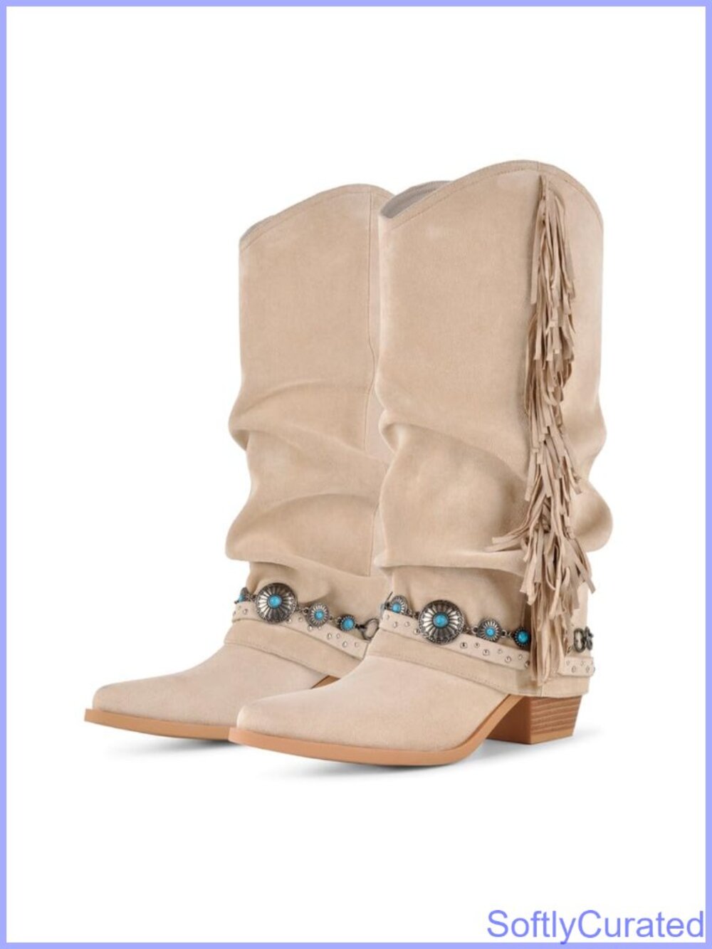 Faux Suede Slouchy Fold Over Mid Calf Western Cowboy Boots Fringe